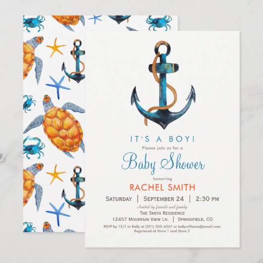 Ancre nautique Baby shower garçon Invitation (Devant / Derrière)