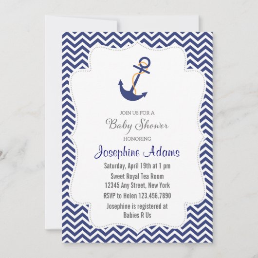 Ancre nautique Baby shower Invitation Marine Bleu (Devant)