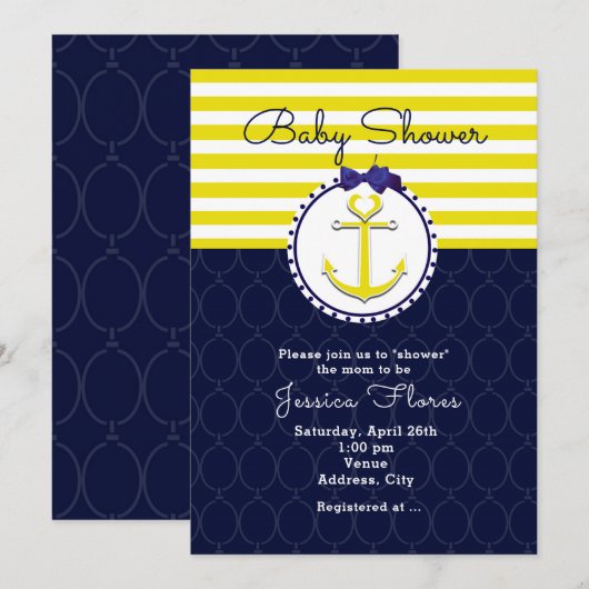 Ancre nautique Bleu Jaune Baby shower Invitation (Devant / Derrière)
