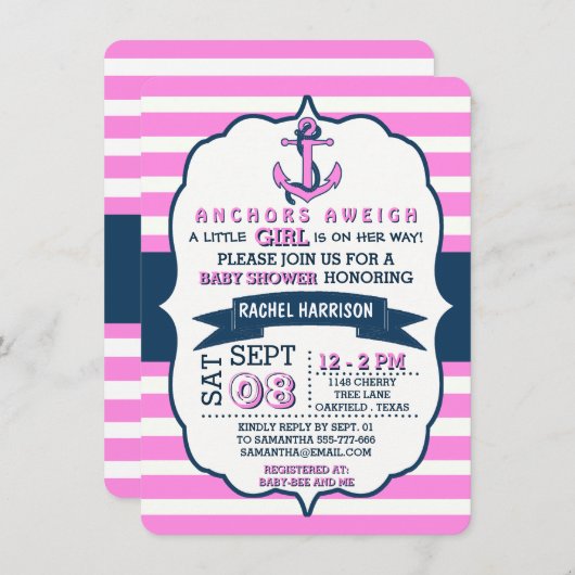 Ancre nautique de la fille Bébé Douche Invitations (Devant / Derrière)