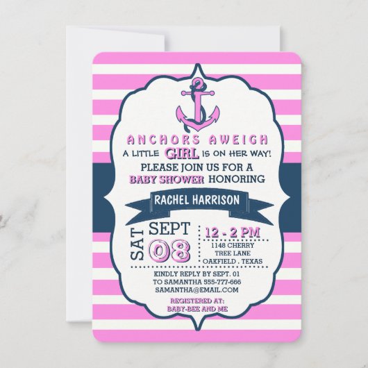 Ancre nautique de la fille Bébé Douche Invitations (Devant)