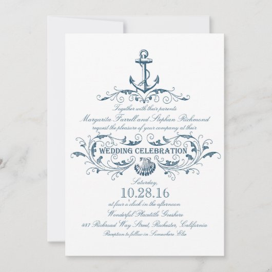ancre nautique et coquillage plage invitations de  (Devant)