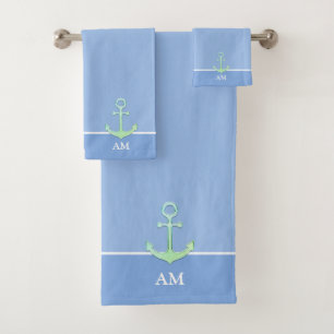 Ancre nautique et monogramme sur fond bleu clair