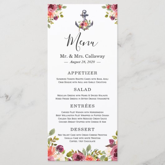 Ancre nautique Floral Marine Blue Mariage Menu (Devant)