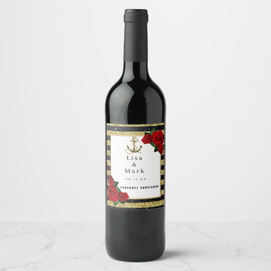 Ancre nautique Gold Black Stripes Étiquettes de vi (Devant)