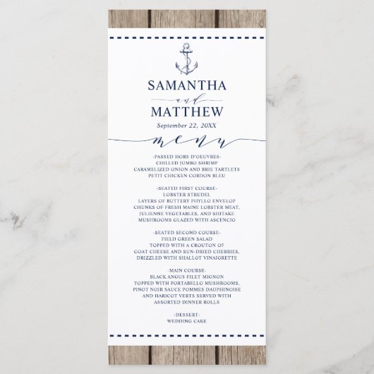 Ancre Nautique Marine Rustic Wood Mariage Menu (Devant)