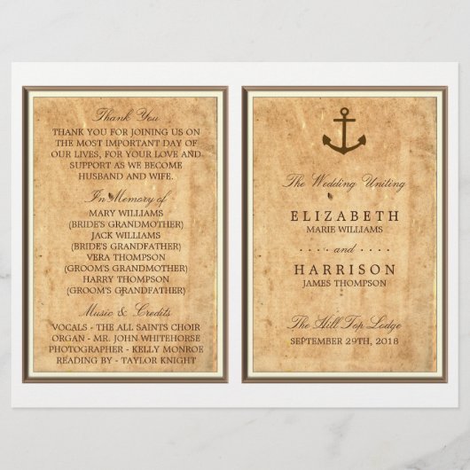 Ancre nautique Programme Vintage de mariage papier (Devant)