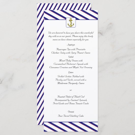 Ancre nautique sur Blue Stripe Mariage Menu (Devant / Derrière)