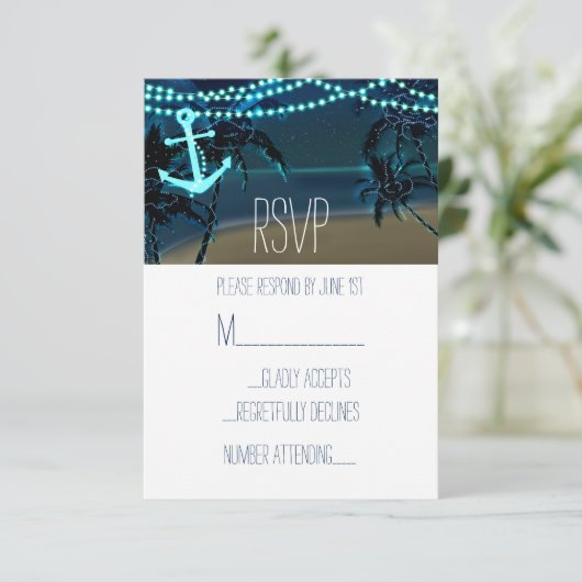 Ancre & Palm Trees Beach Night Wedding Carte RSVP (Debout devant)
