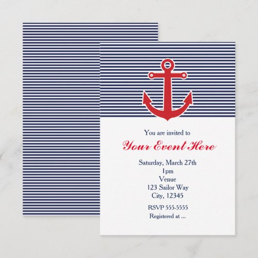 Ancre rouge Invitation Bleu et Bleu blanc (Devant / Derrière)
