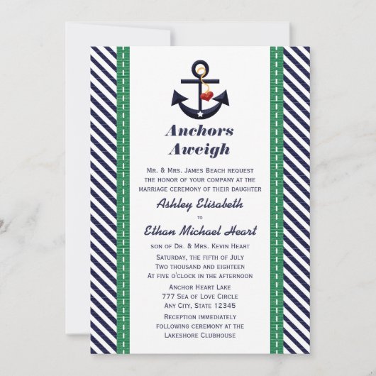 Ancre verte et marine Invitations de mariage nauti (Devant)