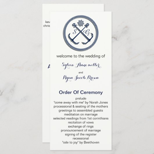 Ancres Monogrammes, Programmes de mariage nautique (Devant / Derrière)