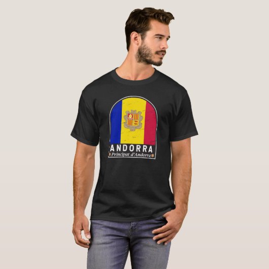 Andorra vlag Embleem met drukcabine T-shirt (Voorkant volledig)