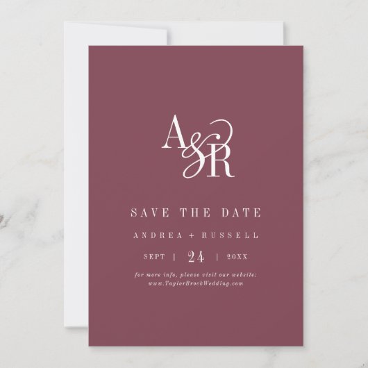 ANDREA Monogram Simple Burgundy Minimal Wedding Save The Date (Voorkant)