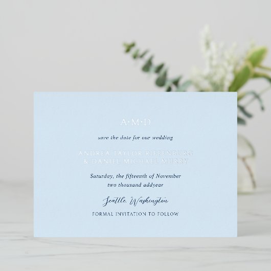 Andrea Sky Blue Elegant Wedding Bewaar de datum Folie Uitnodiging (Staand Voorkant)