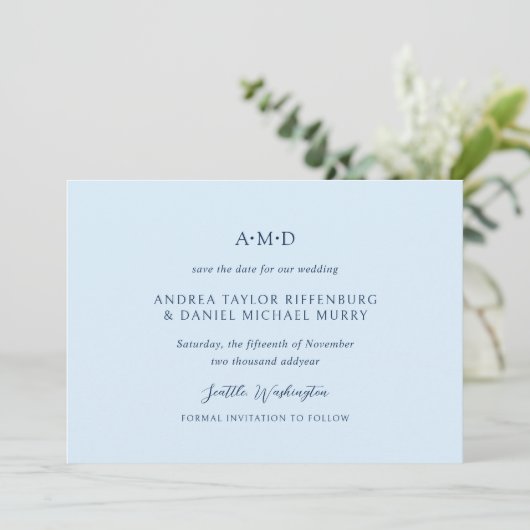 Andrea Sky Blue Elegant Wedding Save The Date (Staand voorkant)