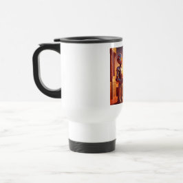 Android drinkt koffie terwijl hij naar piramides k reisbeker
