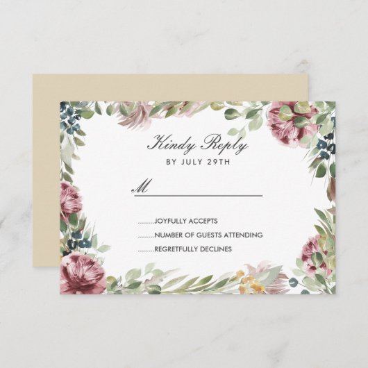 Anemone Blush Fleurs roses cadre Mariage RSVP (Devant / Derrière)