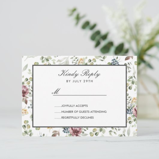 Anemone Blush grijze botanische bloemen Bruiloft R RSVP Kaartje (Staand voorkant)