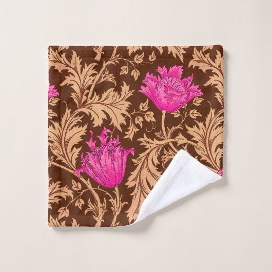Anémone de William Morris, brun et rose de fuchsia (Gant de toilette)