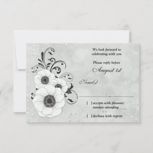Anémone Fleur Mariage Noir Blanc Réponse RSVP (Devant)