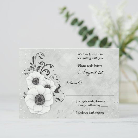 Anémone Fleur Mariage Noir Blanc Réponse RSVP (Debout devant)