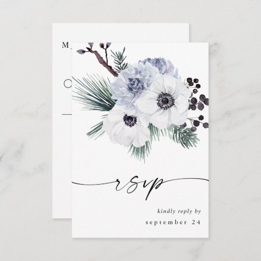 Anemone Hiver Blanc Floral no Repas RSVP (Devant / Derrière)