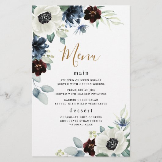 Anemone Navy Blue Burgundy Boho Mariage Carte Menu (Devant)