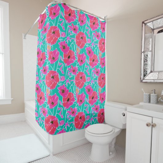 Anemone Painting Pattern Pink & Aqua Floral Douchegordijn (In situ)