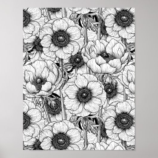Anemone tuin in zwart-wit poster (Voorkant)