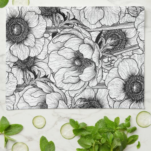 Anemone tuin in zwart-wit theedoek (Gevouwen)