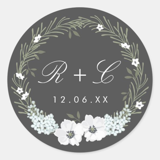  Anemone Wreath Monogram Weddenschap Ronde Sticker (Voorkant)