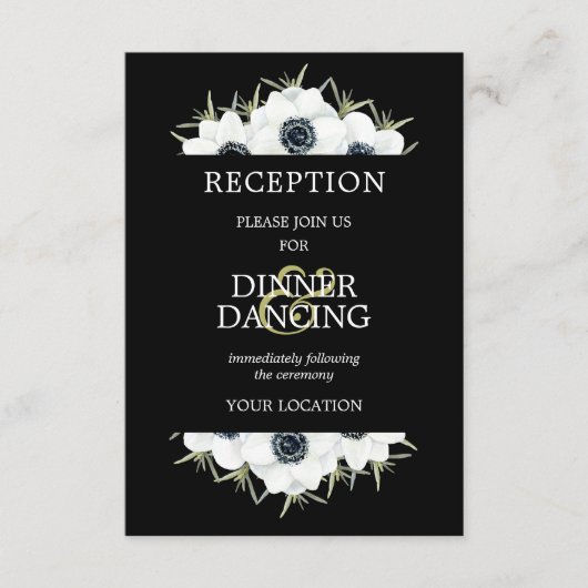 Anemone Zwart-wit Bloemen bruiloft receptie Informatiekaartje (Voorkant)