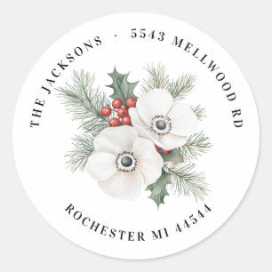 Anemonen en bessen kerst terug adres ronde sticker