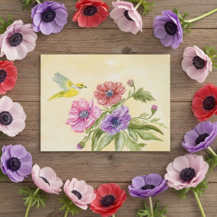 Anemonen en Gele Tangare-waterverf Briefkaart