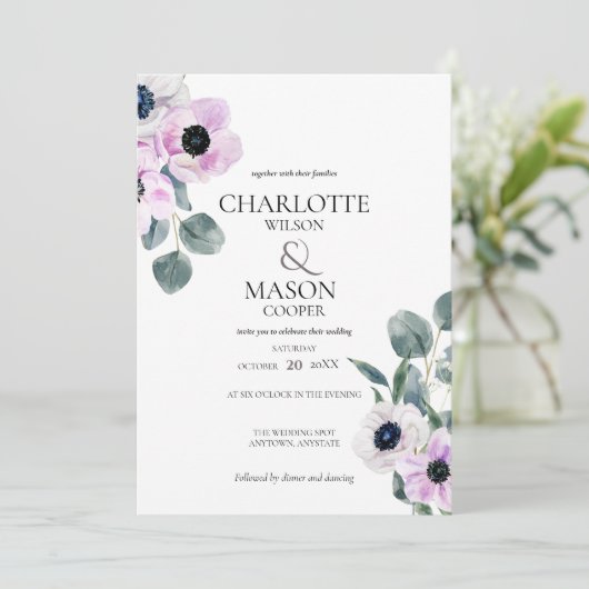 Anémones Aquarelle Fleurs Mariage Invitations (Debout devant)