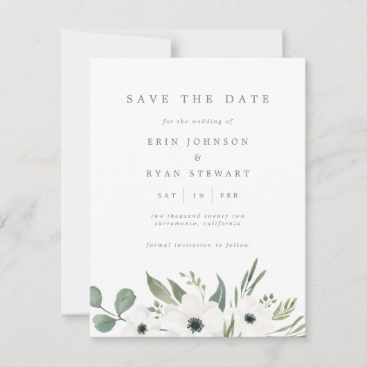 Anemones & Dusty Eucalyptus Save the Date Kaart (Voorkant)