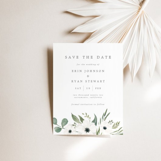 Anemones & Dusty Eucalyptus Save the Date Kaart