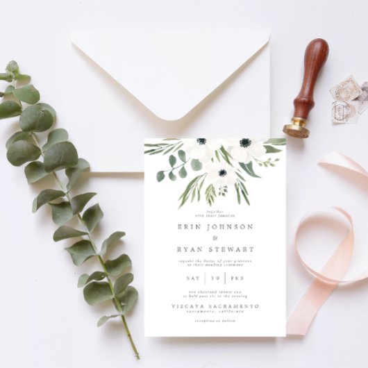 Anemones Sage & Dusty Green Eucalyptus Wedding Inv Kaart