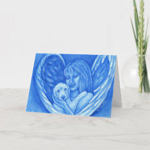 Ange bleu avec la carte de voeux de chiot
