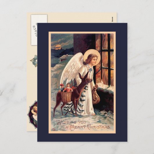 Ange de Noël avec carte postale Vintage cerf (Devant / Derrière)