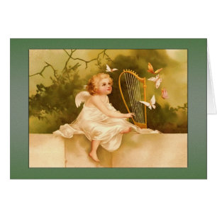 Ange vintage de Carte-Bébé d'ange avec l'harpe