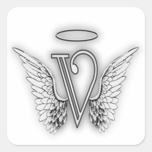 Angel Alphabet V Initiaal Letter Wings Halo Vierkante Sticker