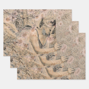 Angel Elegant Boho Antiek Sepia Floral Inpakpapier Vel