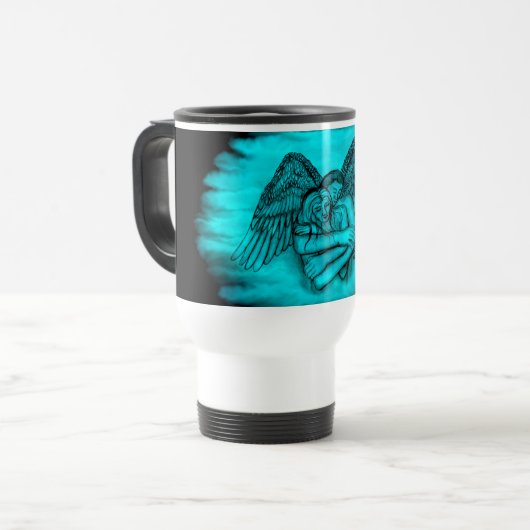 Angel Eros in Liefde, zwart en groen ontwerp Reisbeker (Voorkant links)