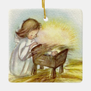 Angel Girl kijkt naar Baby Jezus Sleeping Keramisch Ornament
