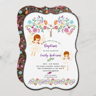 Angel Love Baptism Invitation and Folk Flowers Kaart