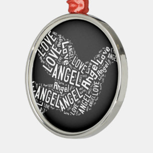 Angel Love Dove, White on Black Metalen Ornament