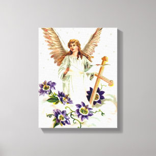 Angel met Cross en Clematis Flowers Canvas afdrukk Afdruk