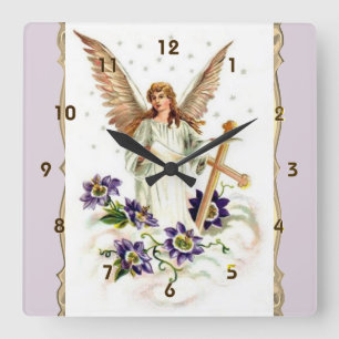 Angel met Cross en Clematis Flowers Vierkante Klok